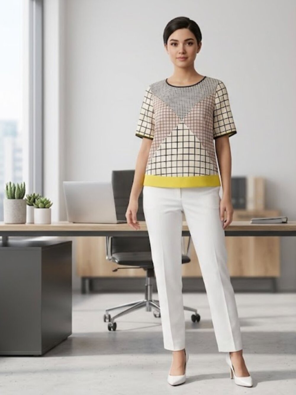 Philosophy Geometric Grid Short Sleeve Blouse XS/S